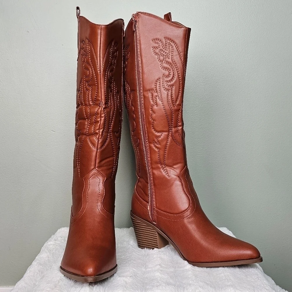 Embroidered Vegan Leather TAN Western Cowgirl Cowboy Boots Zip-up Pointed Toe - Picture 6 of 14